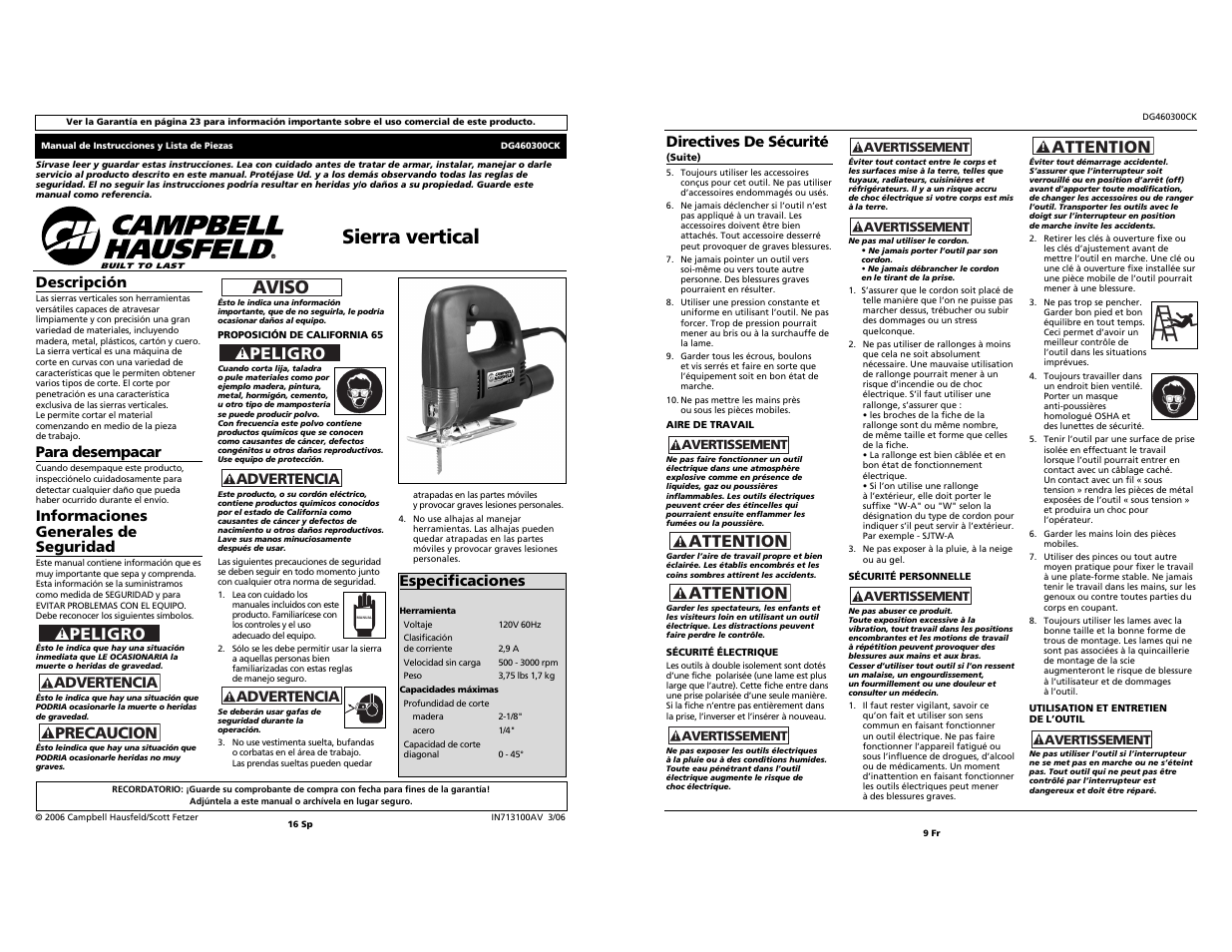 Sierra vertical, Aviso, Peligro | Attention, Precaucion | Campbell Hausfeld DG460300CK User Manual | Page 9 / 12