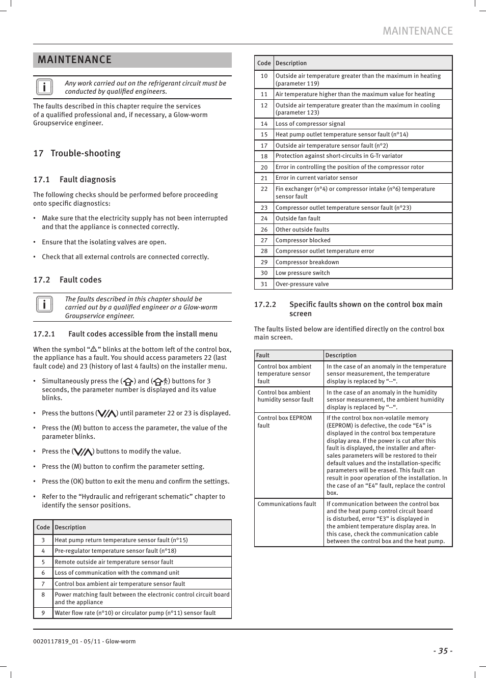 Maintenance, 17 trouble-shooting | Glow-worm Clearly Heat Pumps 14kW User Manual | Page 37 / 44