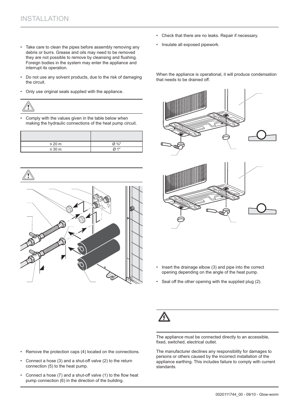 Installation, 9 hydraulic connection, 10 evacuation of condensates | 11 electrical connections | Glow-worm Clearly Heat Pump 5 kW User Manual | Page 16 / 32