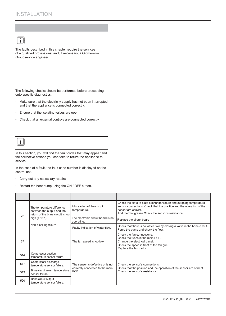 Installation, Maintenance, 15 trouble-shooting | Glow-worm Clearly Heat Pump 5 kW User Manual | Page 22 / 32