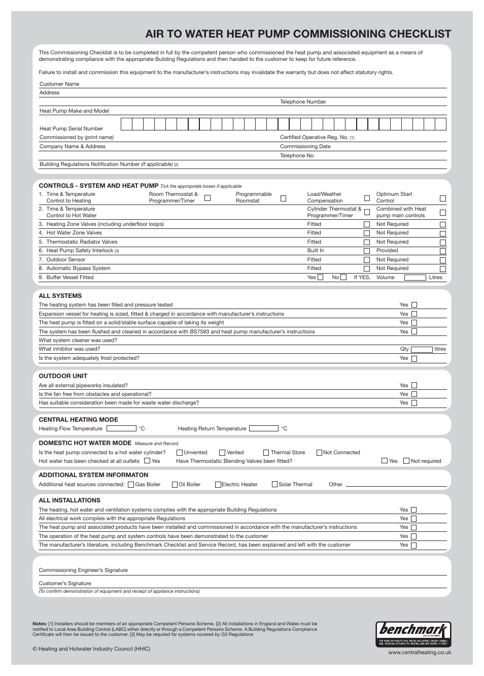 Air to water heat pump commissioning checklist | Glow-worm Clearly Heat Pump 5 kW User Manual | Page 29 / 32