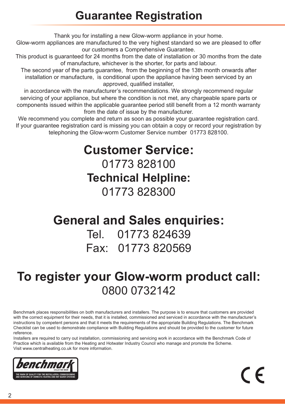 Customer service, General and sales enquiries, Guarantee registration | Glow-worm Clearly Heat Pump - Buffer Vessel User Manual | Page 2 / 10