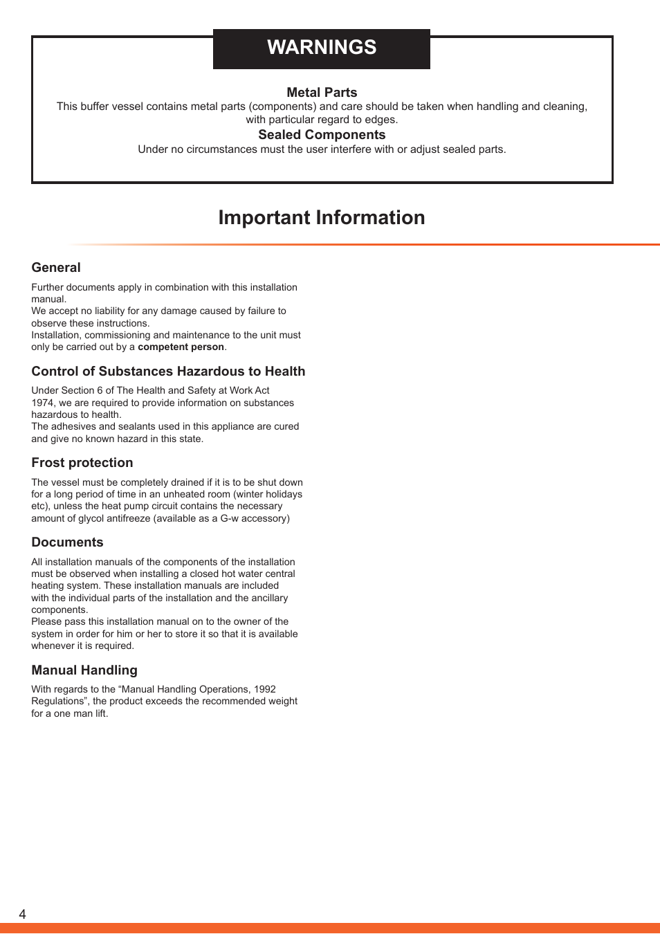 Important information warnings | Glow-worm Clearly Heat Pump - Buffer Vessel User Manual | Page 4 / 10