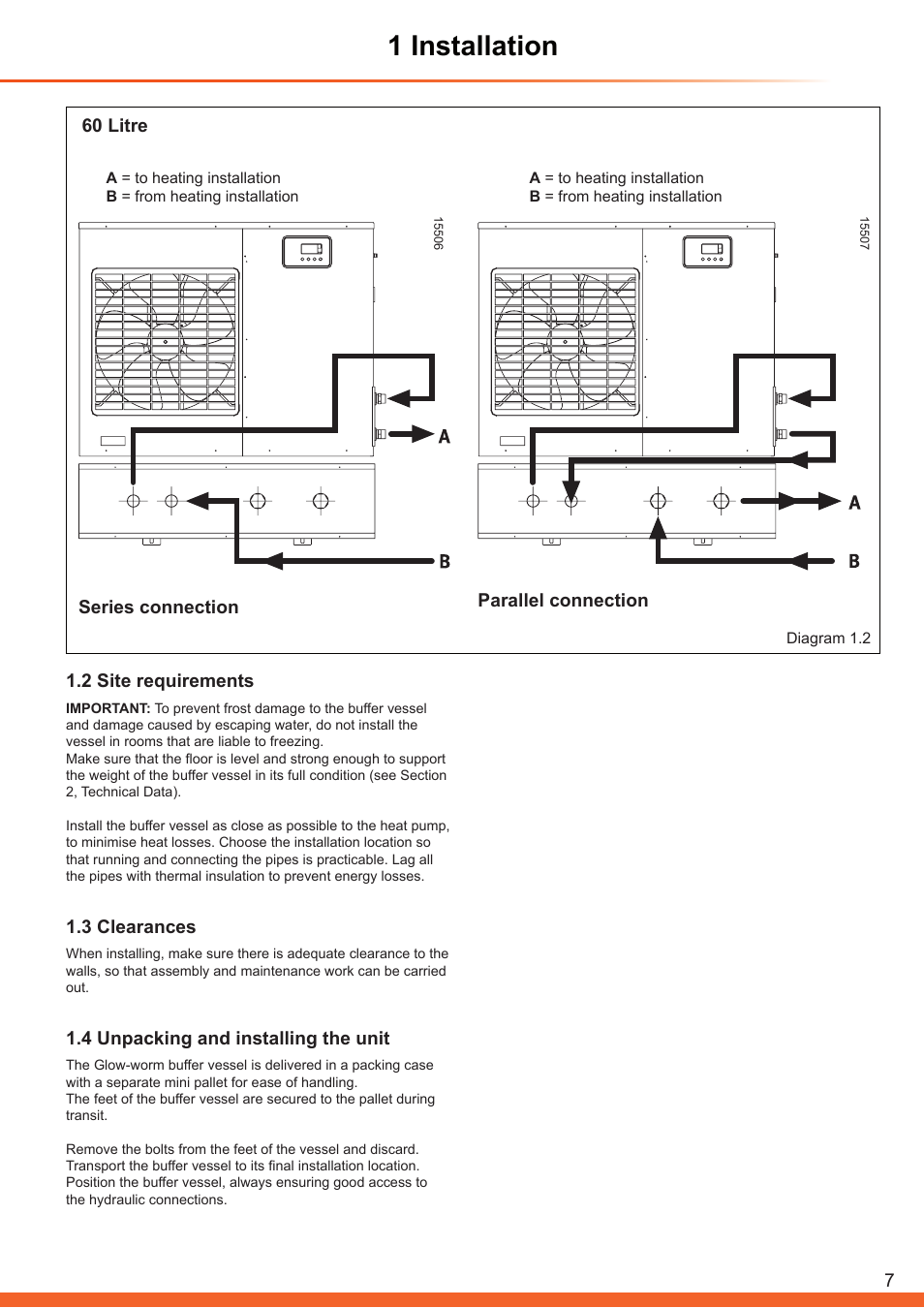 1 installation, 2 site requirements, 3 clearances | 4 unpacking and installing the unit, Series connection parallel connection, 60 litre | Glow-worm Clearly Heat Pump - Buffer Vessel User Manual | Page 7 / 10