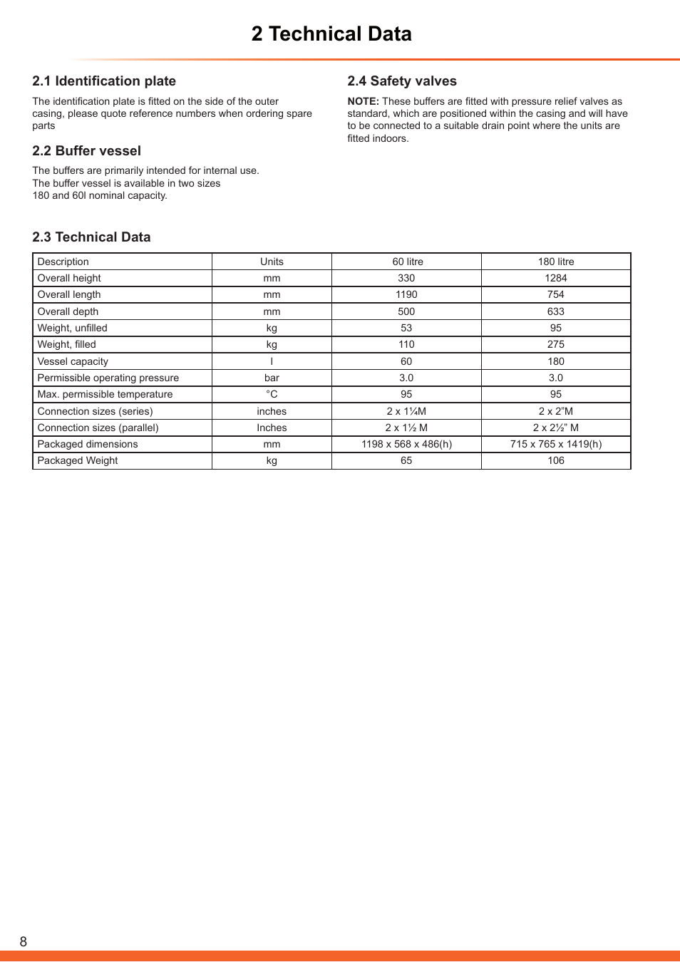 2 technical data, 1 identification plate, 2 buffer vessel | 3 technical data 2.4 safety valves | Glow-worm Clearly Heat Pump - Buffer Vessel User Manual | Page 8 / 10