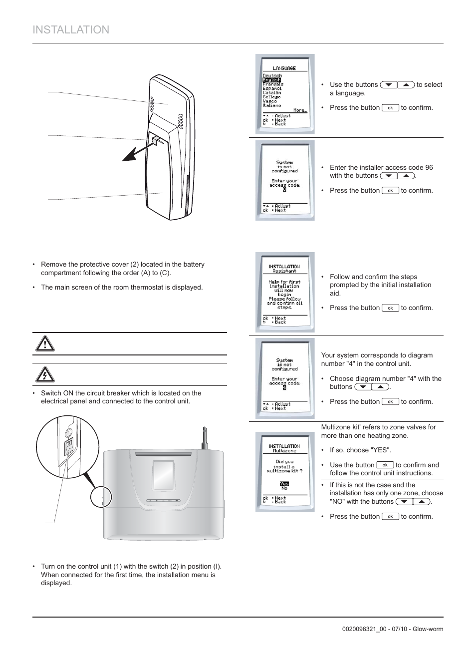Installation, 9activating the room thermostat, 10 activating the control unit | Glow-worm Clearly Heat Pumps - Standalone Module System User Manual | Page 22 / 40