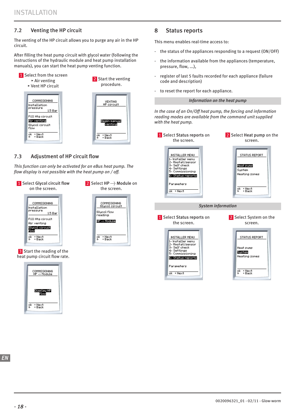 Installation, 8 status reports | Glow-worm Clearly Heat Pumps - Standalone System User Manual | Page 20 / 28