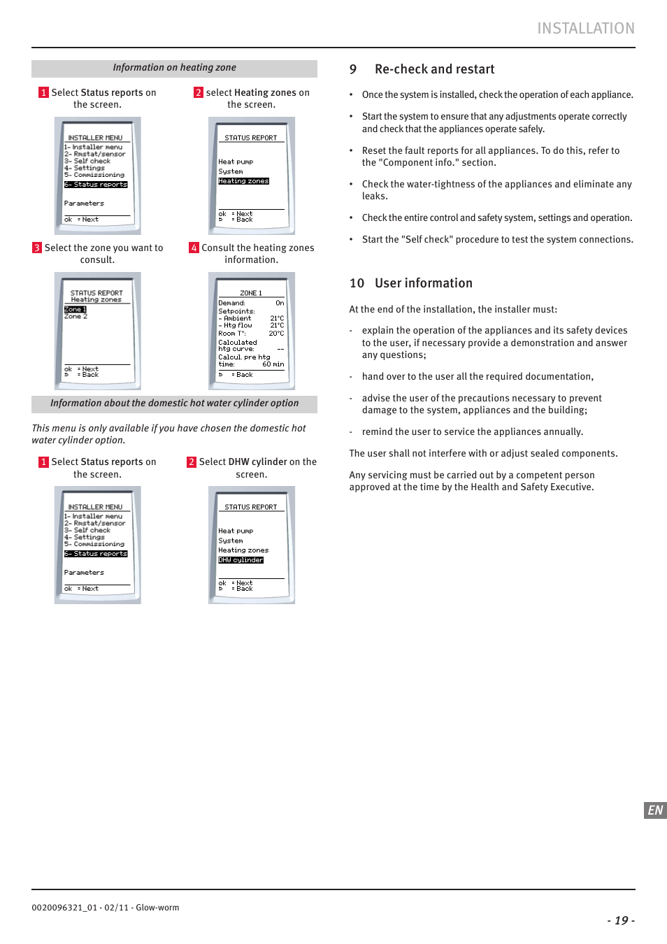 Installation, 9 re-check and restart, 10 user information | Glow-worm Clearly Heat Pumps - Standalone System User Manual | Page 21 / 28