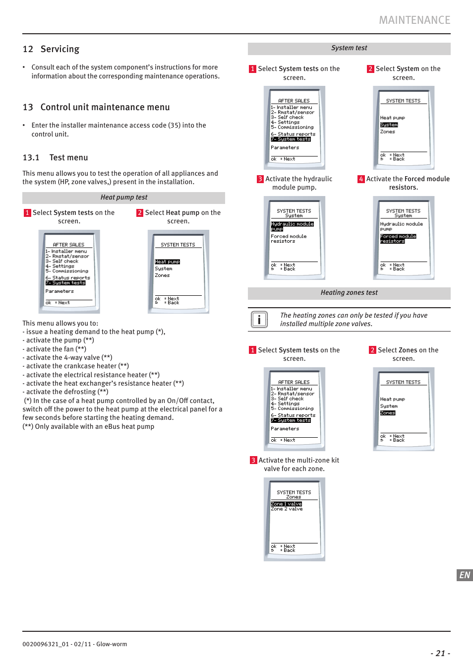 Maintenance, 12 servicing, 13 control unit maintenance menu | Glow-worm Clearly Heat Pumps - Standalone System User Manual | Page 23 / 28