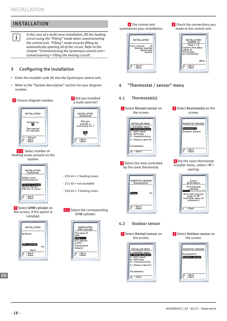 Installation, 3 confi guring the installation, 4 "thermostat / sensor" menu | Glow-worm Clearly Hybrid - Universal Module System User Manual | Page 20 / 36
