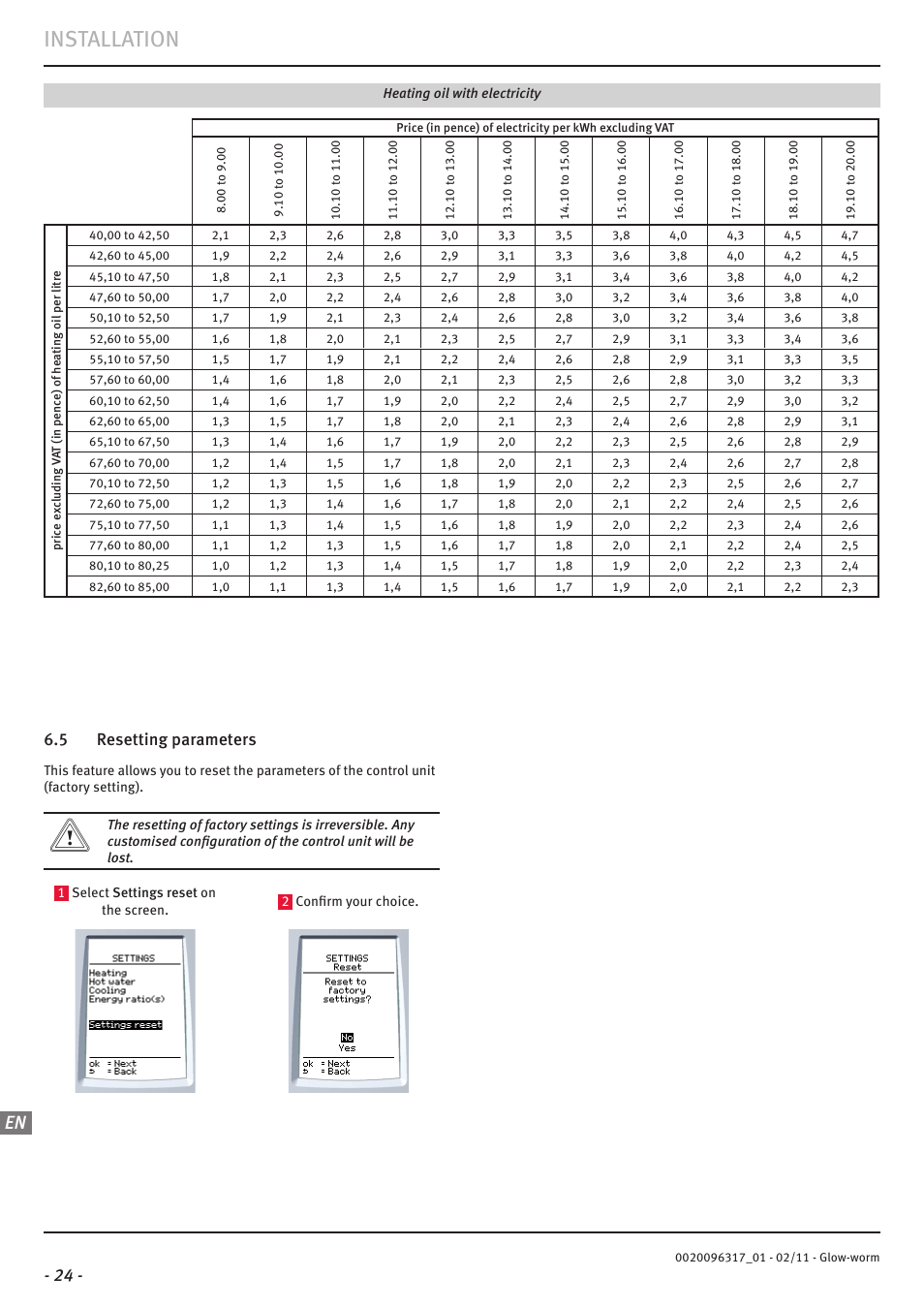 Installation, 5 resetting parameters | Glow-worm Clearly Hybrid - Universal Module System User Manual | Page 26 / 36