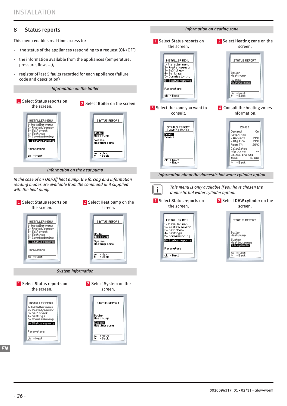 Installation, 8 status reports | Glow-worm Clearly Hybrid - Universal Module System User Manual | Page 28 / 36