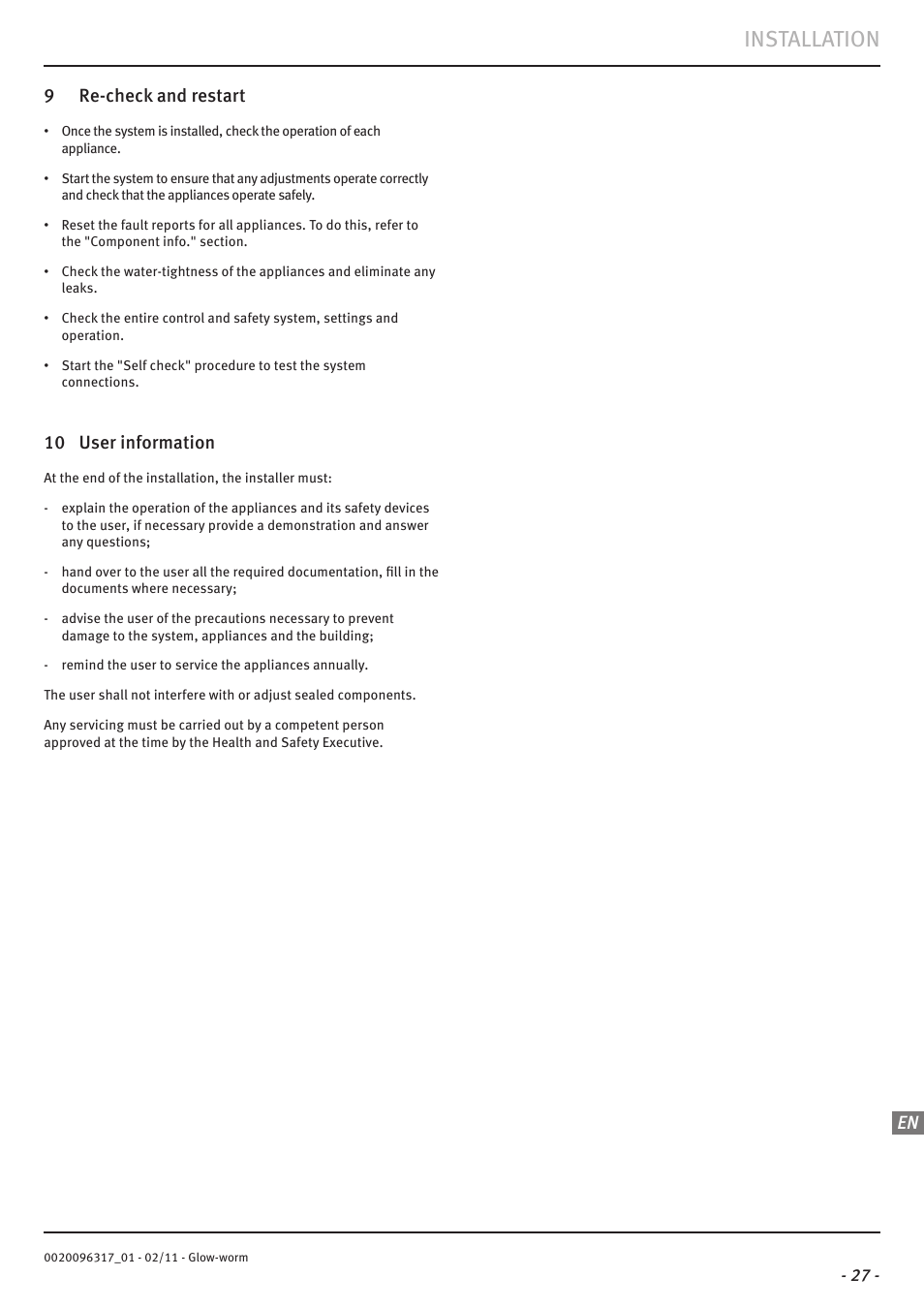 Installation, 9 re-check and restart, 10 user information | Glow-worm Clearly Hybrid - Universal Module System User Manual | Page 29 / 36