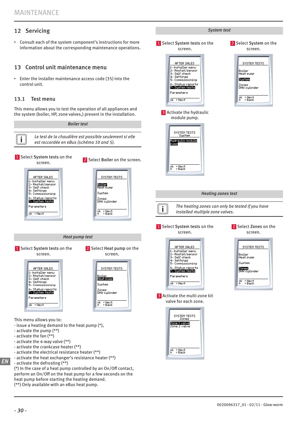 Maintenance, 12 servicing, 13 control unit maintenance menu | Glow-worm Clearly Hybrid - Universal Module System User Manual | Page 32 / 36