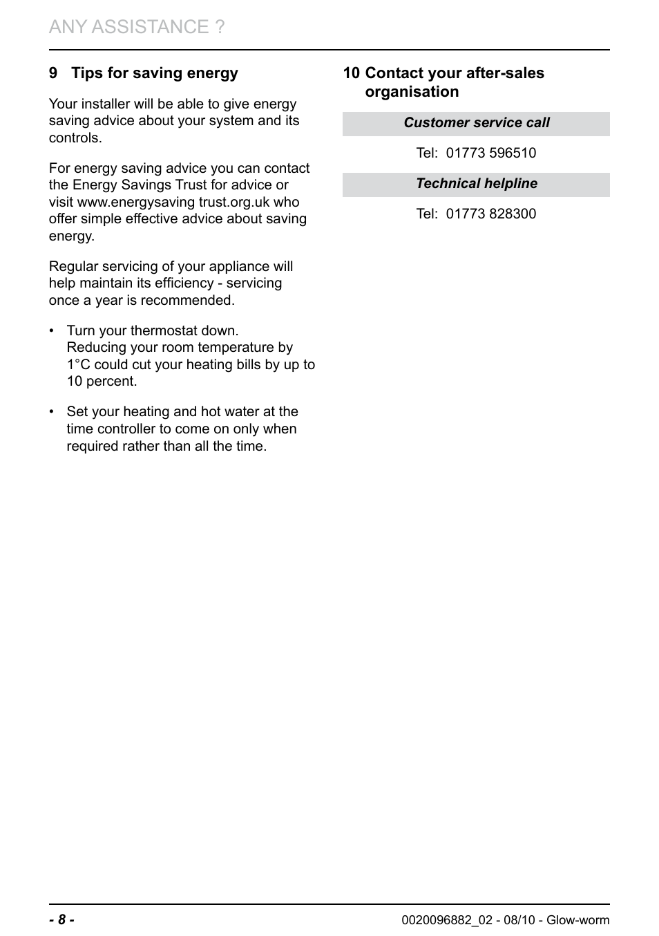 Any assistance | Glow-worm Clearly Hybrid - Compact Hydraulic Module User Manual | Page 10 / 12