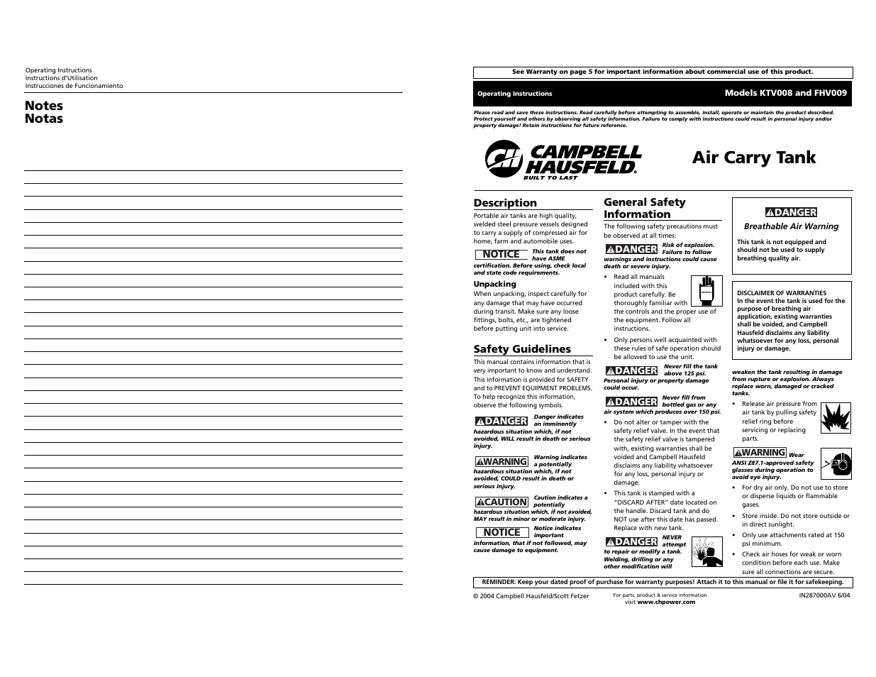 Campbell Hausfeld KTV008 User Manual | 8 pages