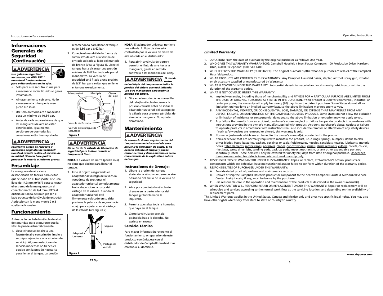 Ensamblaje, Funcionamiento, Advertencia | Mantenimiento | Campbell Hausfeld KTV008 User Manual | Page 5 / 8