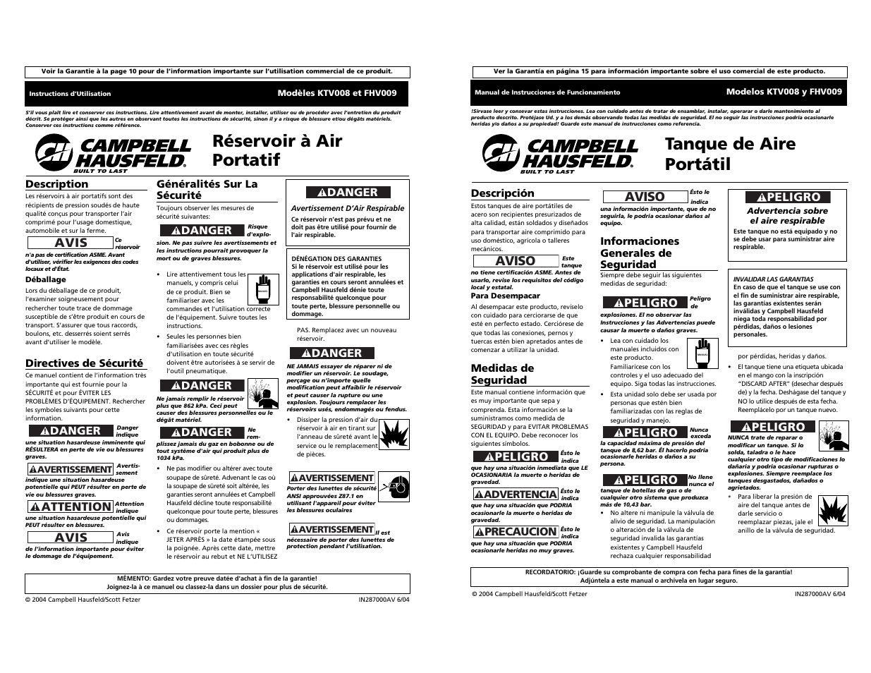 Tanque de aire portátil, Réservoir à air portatif, Aviso | Peligro, Avis, Attention, Precaucion, Danger | Campbell Hausfeld KTV008 User Manual | Page 6 / 8