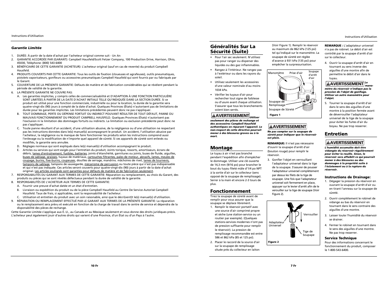 Généralités sur la sécurité (suite), Montage, Fonctionnement | Entretien | Campbell Hausfeld KTV008 User Manual | Page 7 / 8