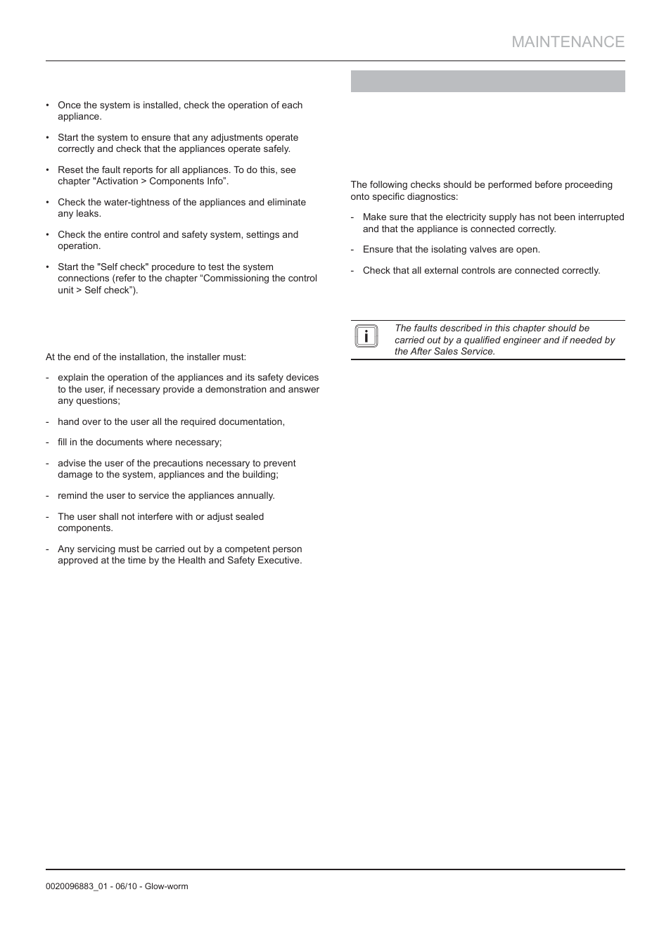 Maintenance, 13 re-check and restart, 14 user information | 15 trouble-shooting | Glow-worm Clearly Hybrid - Compact System User Manual | Page 31 / 36