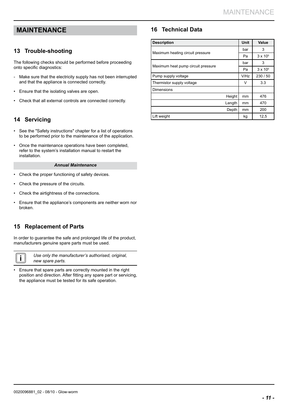 Maintenance, 13 trouble-shooting, 14 servicing | 15 replacement of parts, 16 technical data | Glow-worm Clearly Hybrid - Compact Hydraulic Module HB User Manual | Page 13 / 16