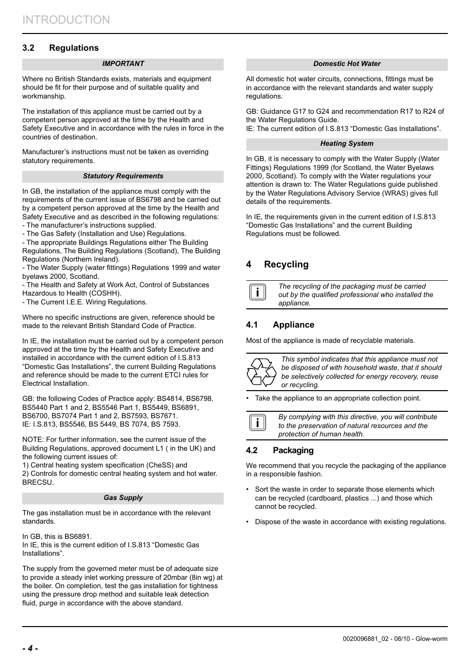 Introduction, 4 recycling | Glow-worm Clearly Hybrid - Compact Hydraulic Module HB User Manual | Page 6 / 16