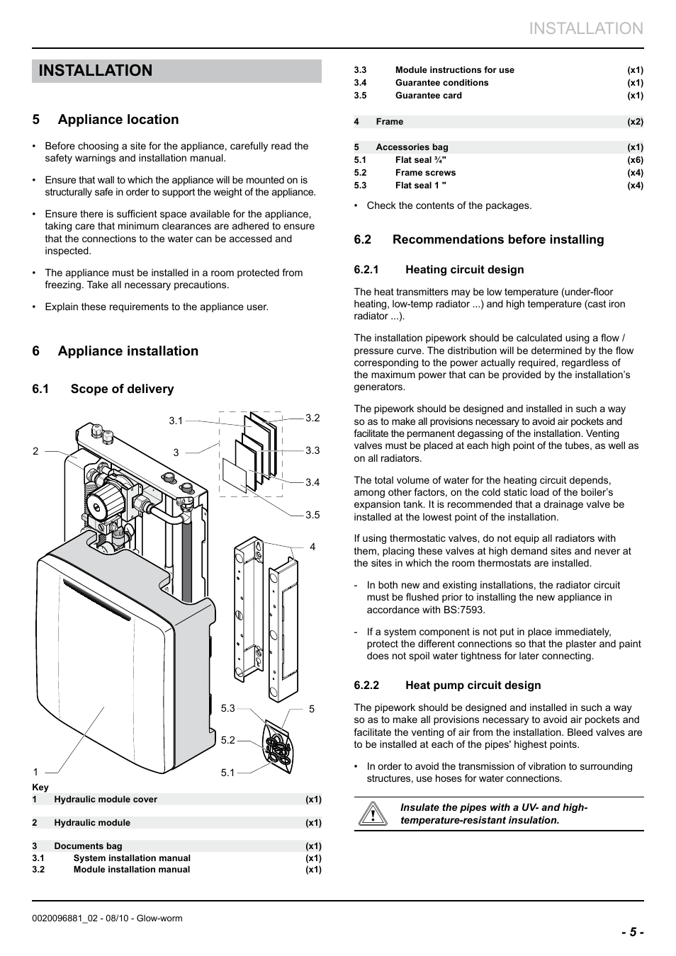 Installation, 5 appliance location, 6 appliance installation | Glow-worm Clearly Hybrid - Compact Hydraulic Module HB User Manual | Page 7 / 16