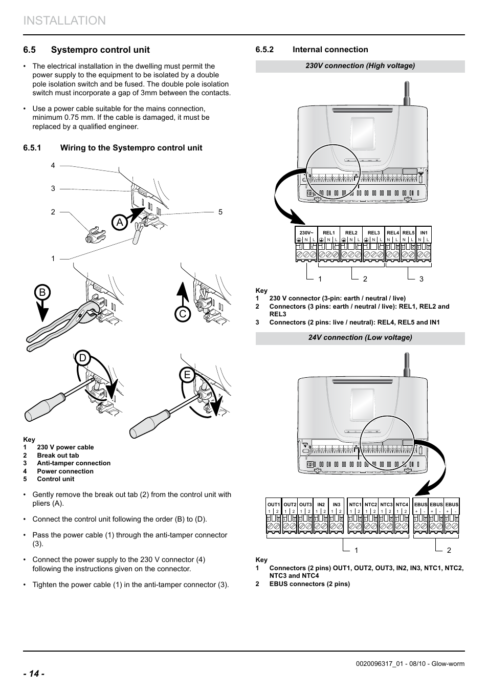 Installation, Dc b e a, 5 systempro control unit | 1 wiring to the systempro control unit, 2 internal connection, 230v connection (high voltage), 24v connection (low voltage) | Glow-worm Clearly Hybrid - Back-up Module System User Manual | Page 16 / 40