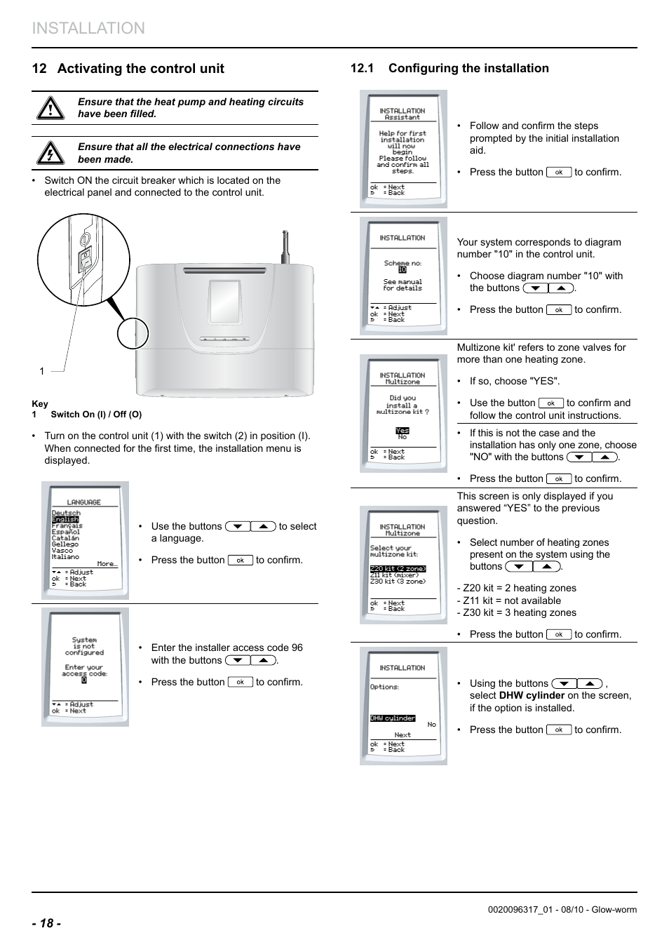 Installation, 12 activating the control unit | Glow-worm Clearly Hybrid - Back-up Module System User Manual | Page 20 / 40