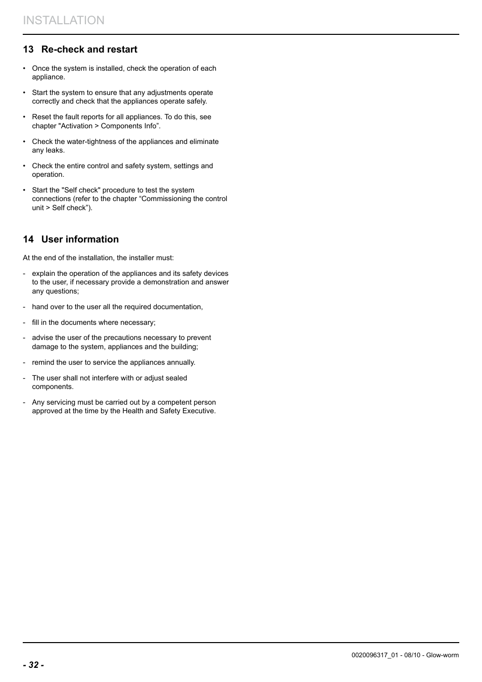 Installation, 13 re-check and restart, 14 user information | Glow-worm Clearly Hybrid - Back-up Module System User Manual | Page 34 / 40
