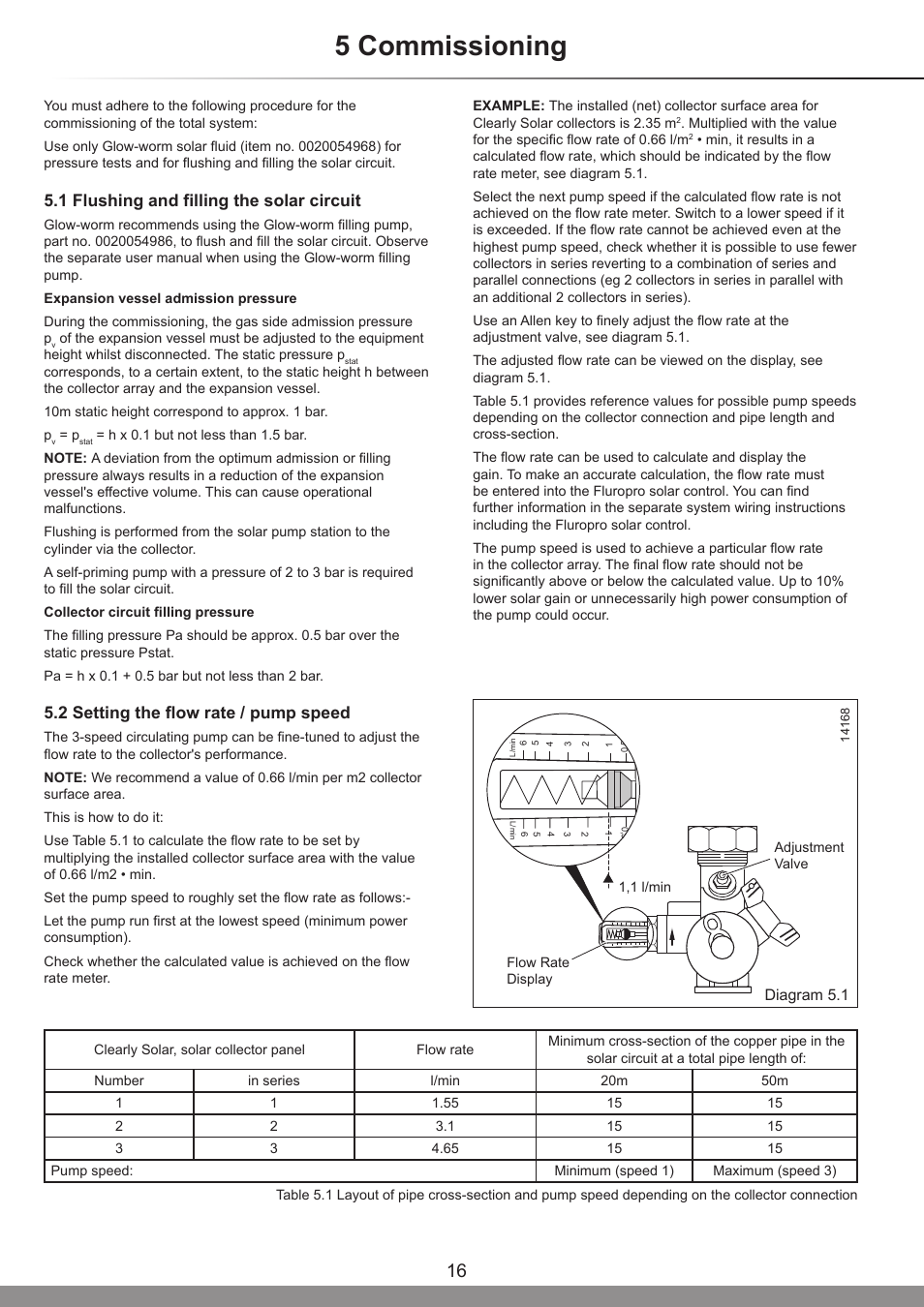 5 commissioning, 1 flushing and filling the solar circuit, 2 setting the flow rate / pump speed | Glow-worm Clearly Solar System Hydraulics User Manual | Page 16 / 28