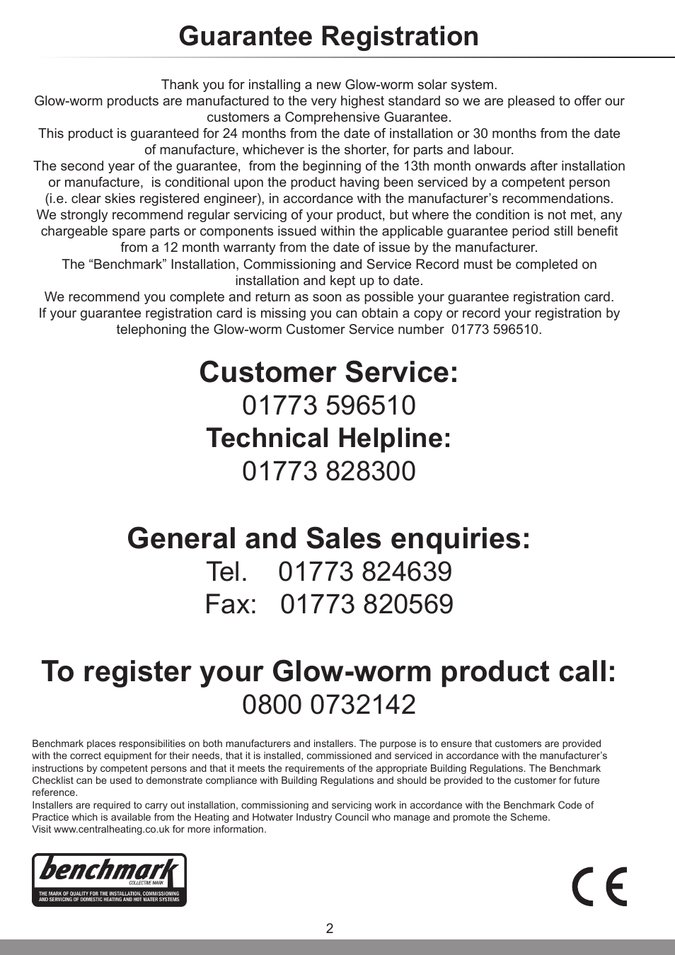 Customer service, General and sales enquiries, Guarantee registration | Glow-worm Clearly Solar System Hydraulics User Manual | Page 2 / 28