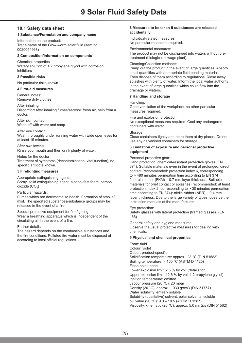 9 solar fluid safety data | Glow-worm Clearly Solar System Hydraulics User Manual | Page 25 / 28