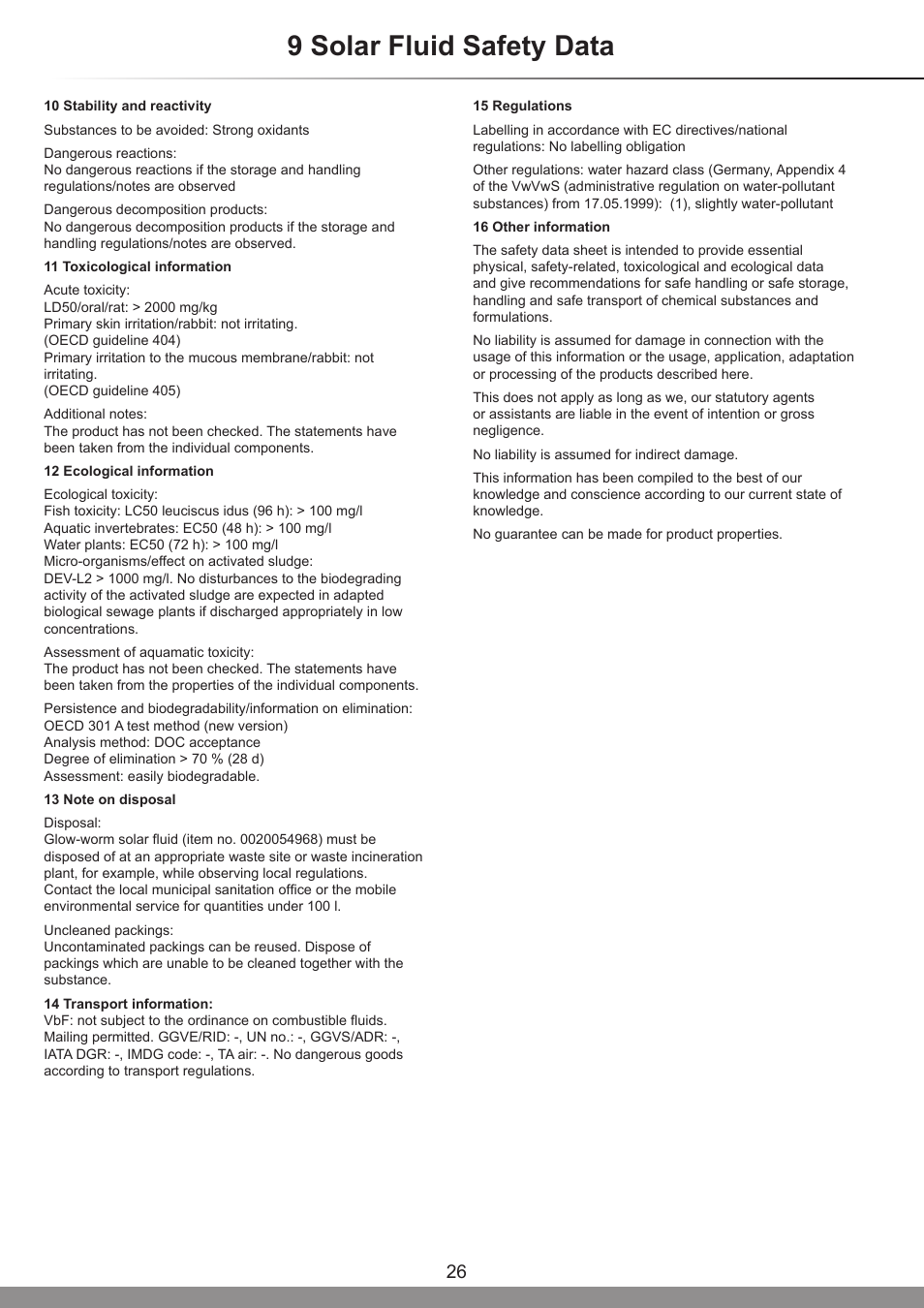 9 solar fluid safety data | Glow-worm Clearly Solar System Hydraulics User Manual | Page 26 / 28