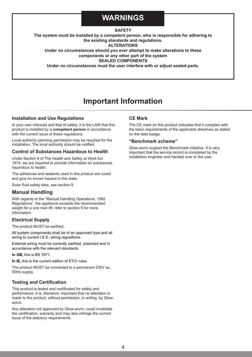 Warnings, Important information, Manual handling | Glow-worm Clearly Solar System Hydraulics User Manual | Page 4 / 28