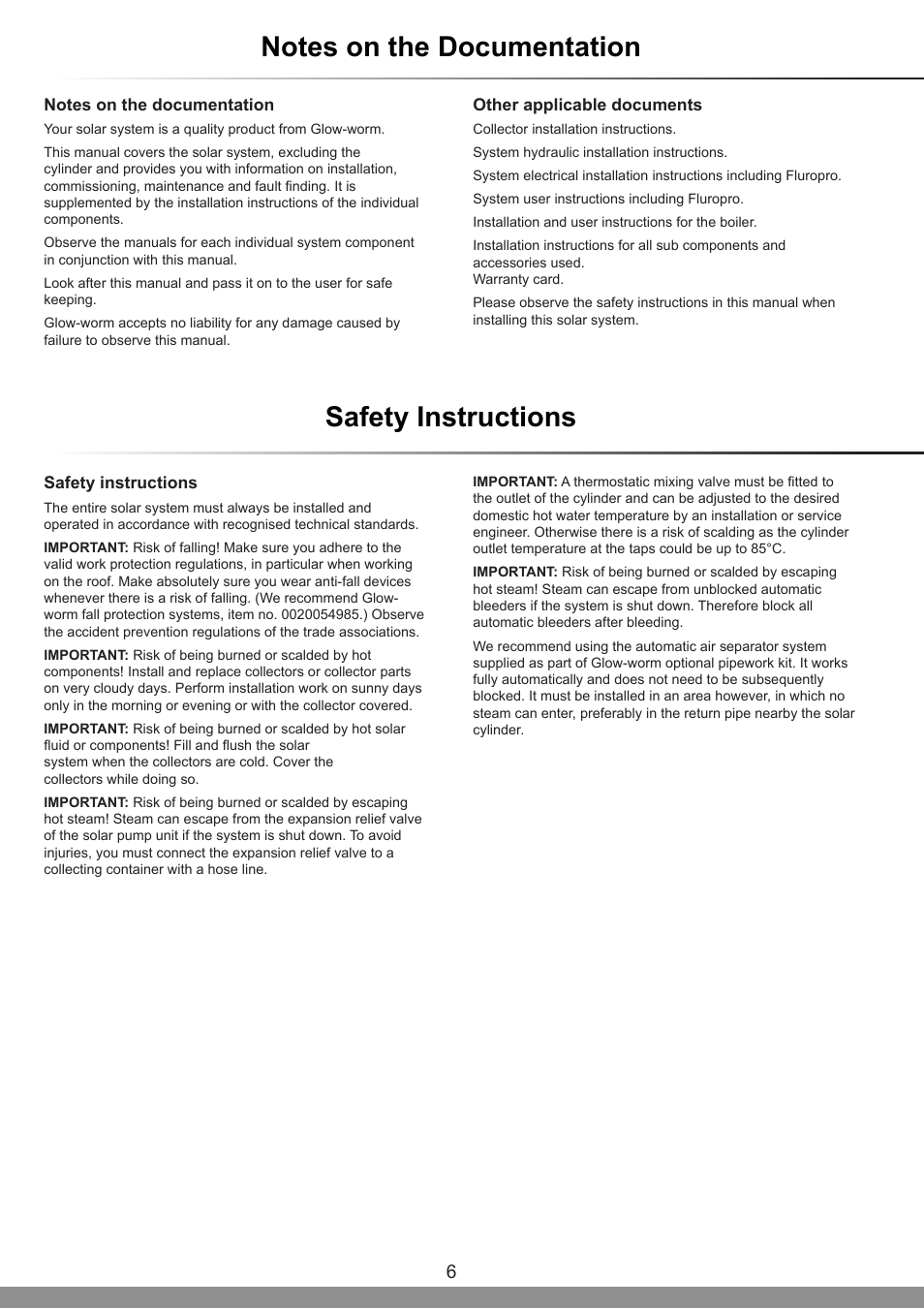 Safety instructions | Glow-worm Clearly Solar System Hydraulics User Manual | Page 6 / 28