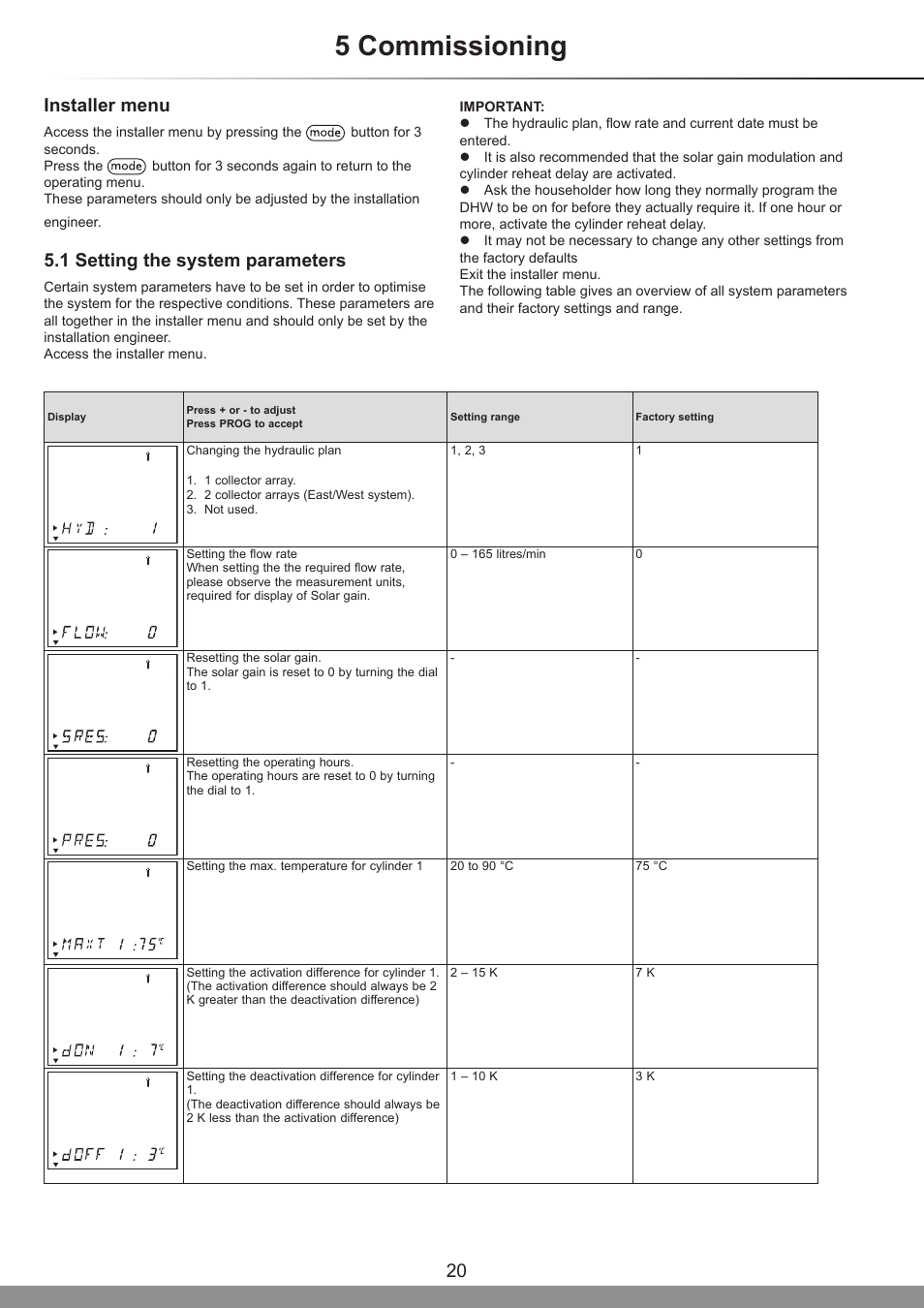 5 commissioning, 20 installer menu, 1 setting the system parameters | Glow-worm Clearly Solar System User Manual | Page 20 / 28