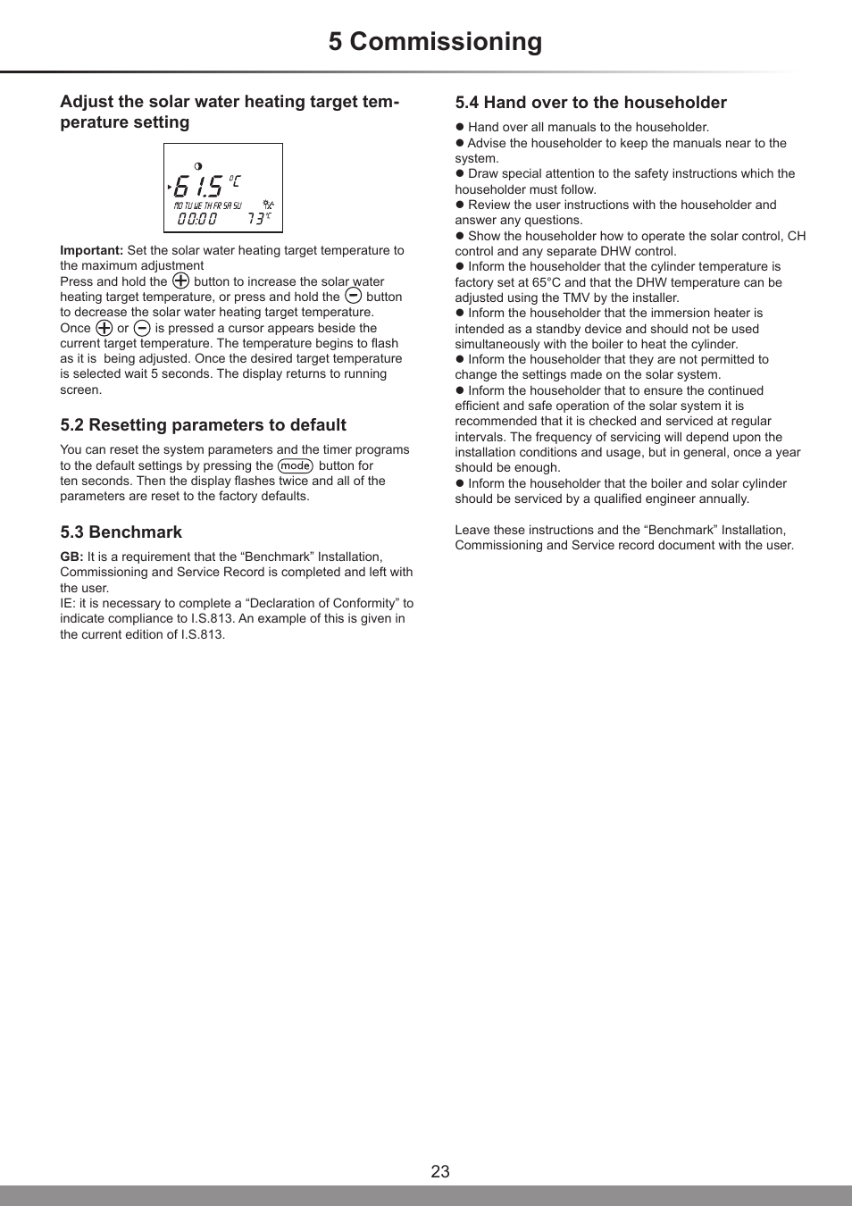 5 commissioning, 2 resetting parameters to default, 3 benchmark | 4 hand over to the householder | Glow-worm Clearly Solar System User Manual | Page 23 / 28