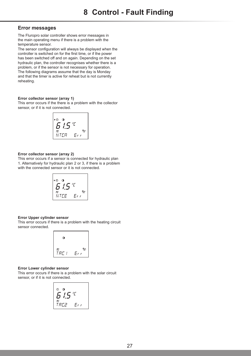 8 control - fault finding, Error messages | Glow-worm Clearly Solar System User Manual | Page 27 / 28