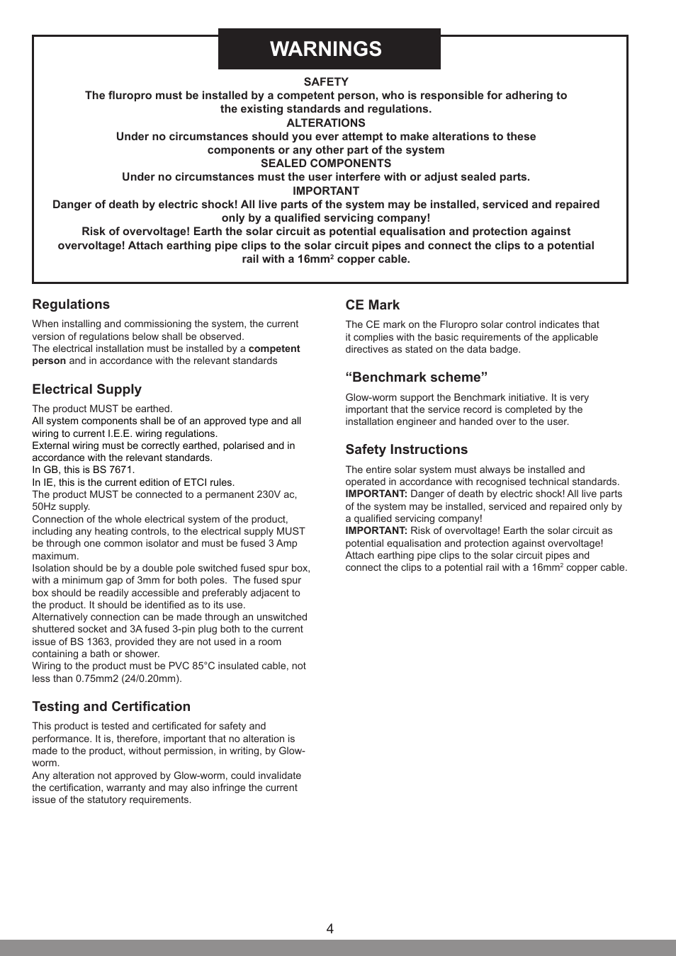 Warnings, 4regulations, Electrical supply | Testing and certification, Ce mark, Benchmark scheme, Safety instructions | Glow-worm Clearly Solar System User Manual | Page 4 / 28