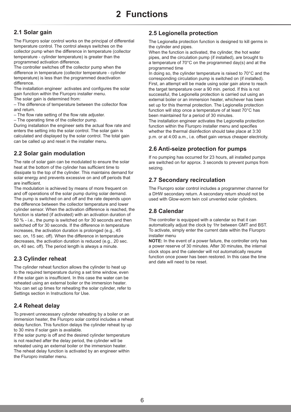 2 functions, 1 solar gain, 2 solar gain modulation | 3 cylinder reheat, 4 reheat delay, 5 legionella protection, 6 anti-seize protection for pumps, 7 secondary recirculation, 8 calendar | Glow-worm Clearly Solar System User Manual | Page 6 / 28