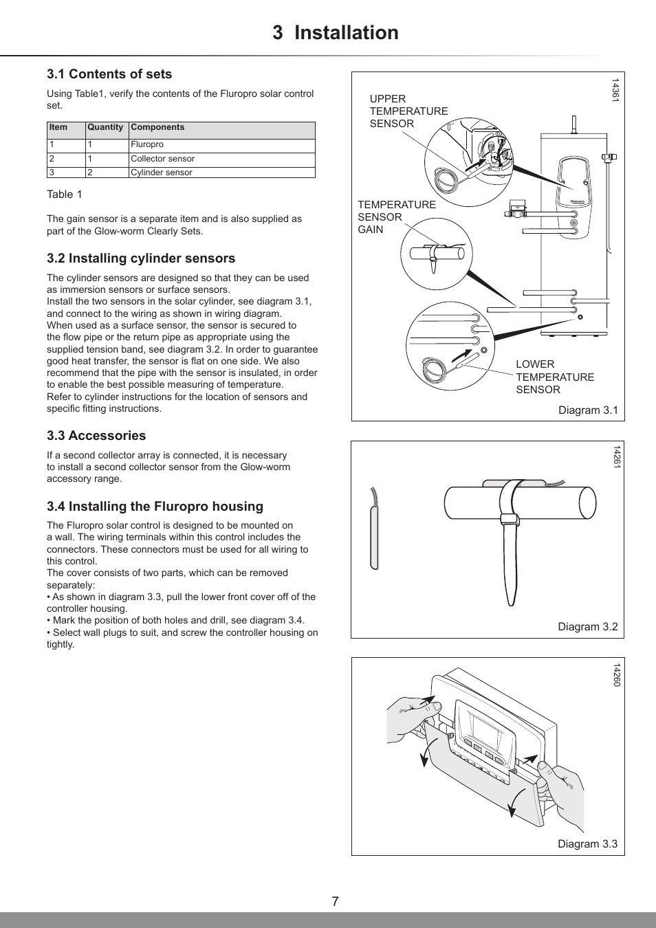 3 installation, 1 contents of sets, 2 installing cylinder sensors | 3 accessories, 4 installing the fluropro housing | Glow-worm Clearly Solar System User Manual | Page 7 / 28