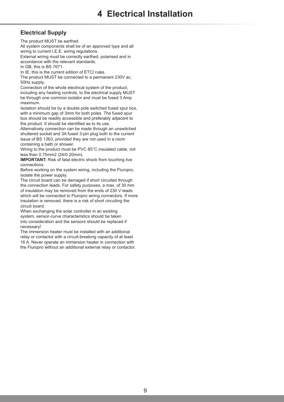 4 electrical installation, 9electrical supply | Glow-worm Clearly Solar System User Manual | Page 9 / 28