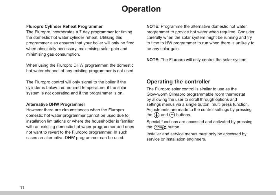 Operation, Operating the controller | Glow-worm Clearly Solar Controller User Manual | Page 11 / 28