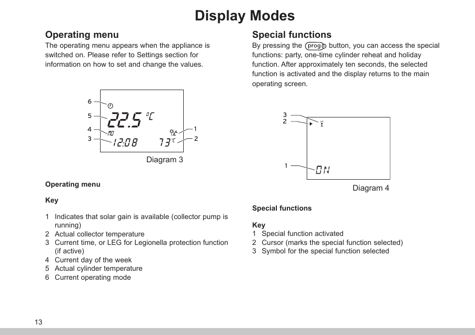 Display modes, Operating menu, Special functions | Glow-worm Clearly Solar Controller User Manual | Page 13 / 28