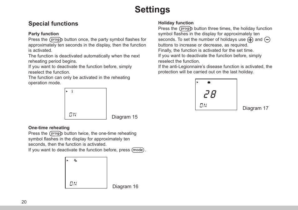 Settings, Special functions | Glow-worm Clearly Solar Controller User Manual | Page 20 / 28