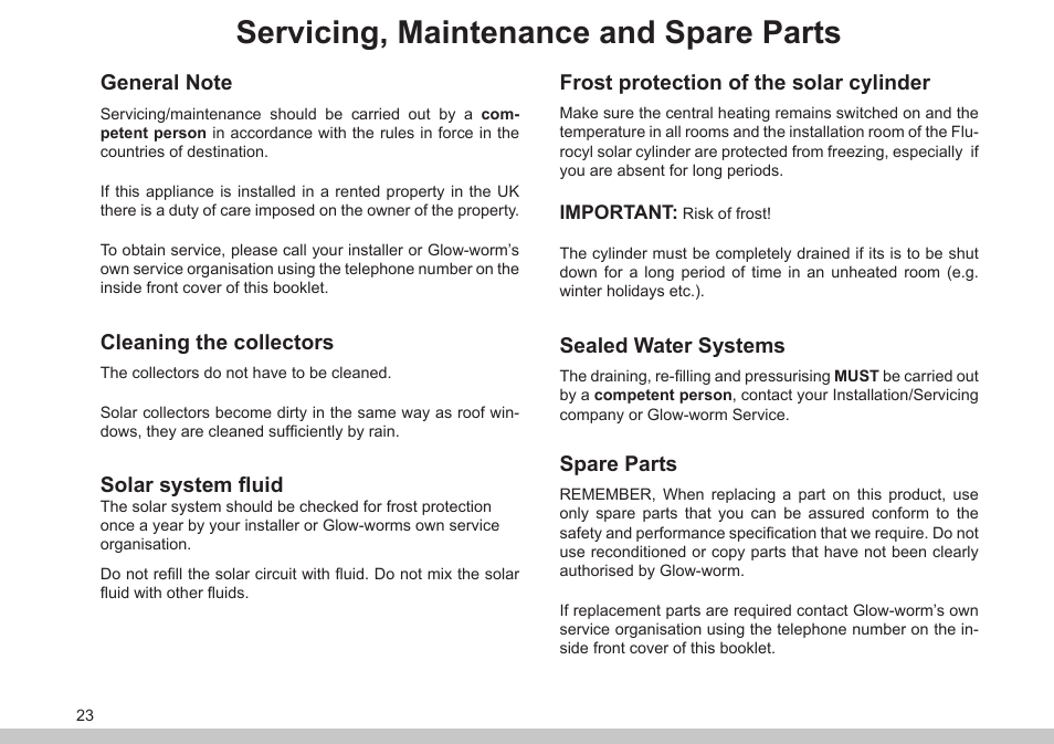 Servicing, maintenance and spare parts, Cleaning the collectors, Solar system fluid | Frost protection of the solar cylinder, Sealed water systems, Spare parts | Glow-worm Clearly Solar Controller User Manual | Page 23 / 28