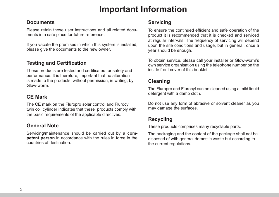 Important information | Glow-worm Clearly Solar Controller User Manual | Page 3 / 28