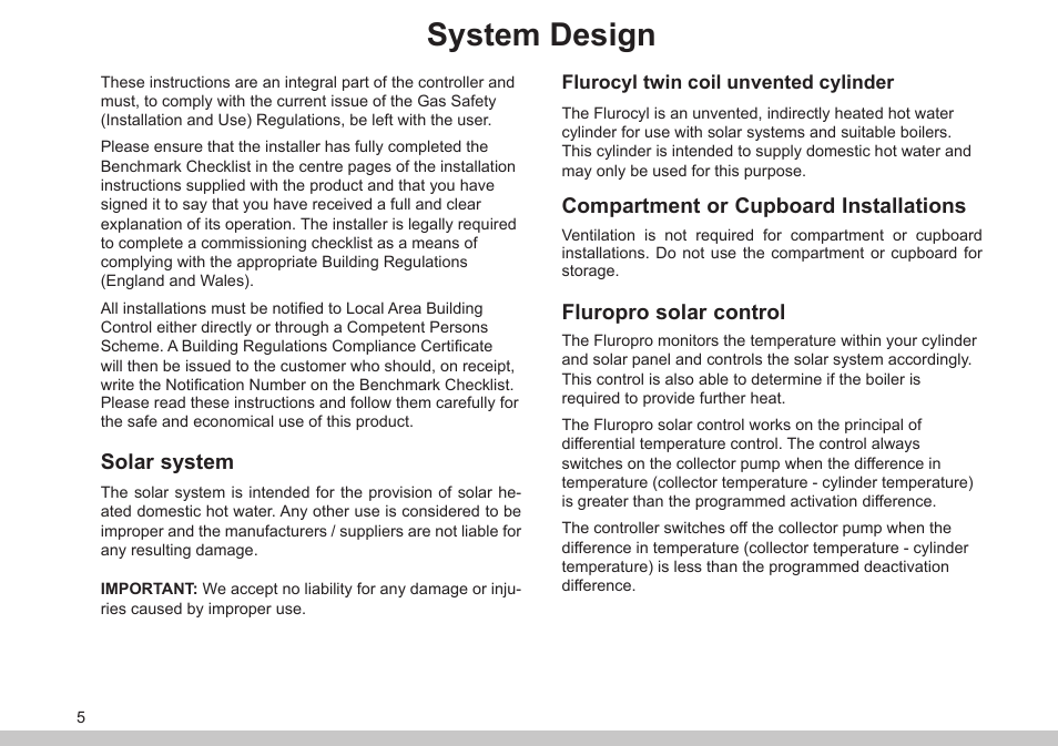 System design, Solar system, Compartment or cupboard installations | Fluropro solar control | Glow-worm Clearly Solar Controller User Manual | Page 5 / 28