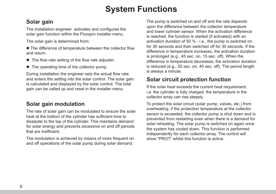 System functions, Solar gain, Solar gain modulation | Solar circuit protection function | Glow-worm Clearly Solar Controller User Manual | Page 6 / 28